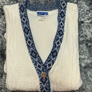 Vintage Cape Cod Cable Knit Cardigan, button closure and a Fair Isle Style Trim